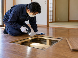 床下点検口を確認する専門家のイメージ
