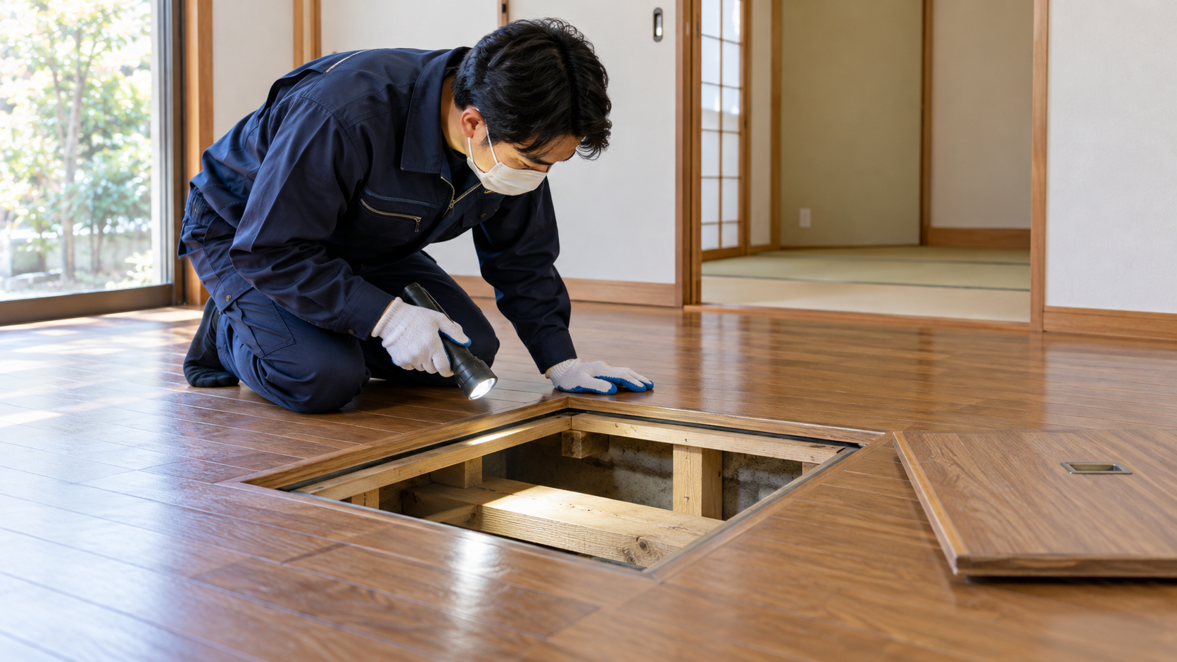 床下点検口を確認する専門家のイメージ