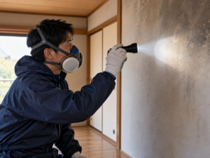 防護服の調査員、壁のすすを点検のイメージ