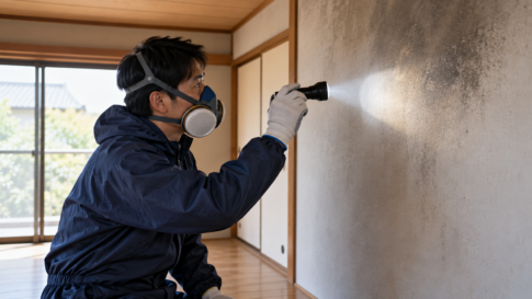 防護服の調査員、壁のすすを点検のイメージ