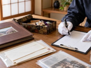 思い出の品を静かに整理する作業台のイメージ