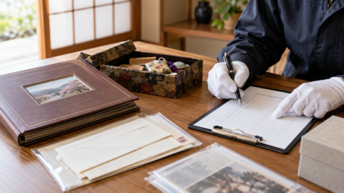 思い出の品を静かに整理する作業台のイメージ