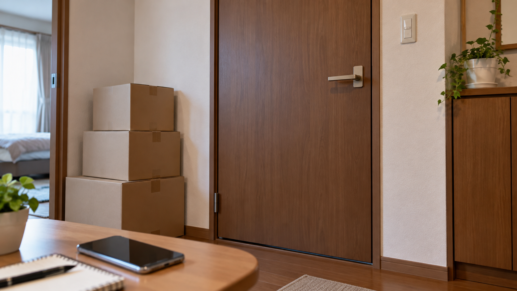 閉ざされた部屋前の相談用スマホと箱のイメージ