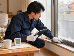 秋の窓辺、結露を点検のイメージ