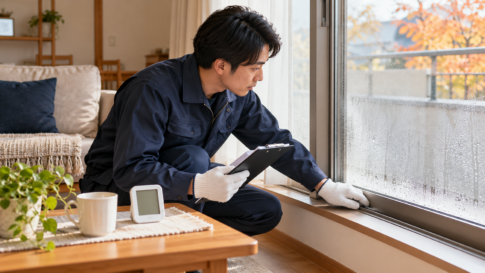 秋の窓辺、結露を点検のイメージ