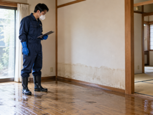 水跡残る室内の復旧点検のイメージ